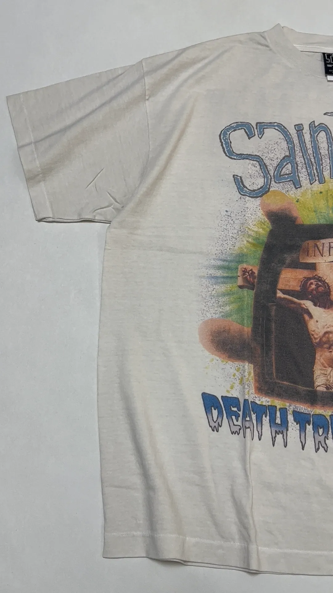 SAINT MICHAEL SAINT WAR TEE/WHAT new style Jesus cross retro short-sleeved, off-white S-XL, ready-to-wear, washed and distressed, printed repeatedly and modified, tube-woven seamless fabric, with little angel anti-counterfeiting label